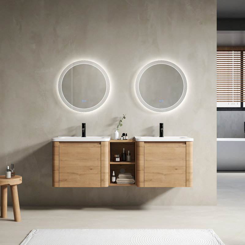 Meuble-lavabo mural 60 po avec lavabo en céramique, tablettes de rangement et 1 porte à fermeture en douceur, 60"