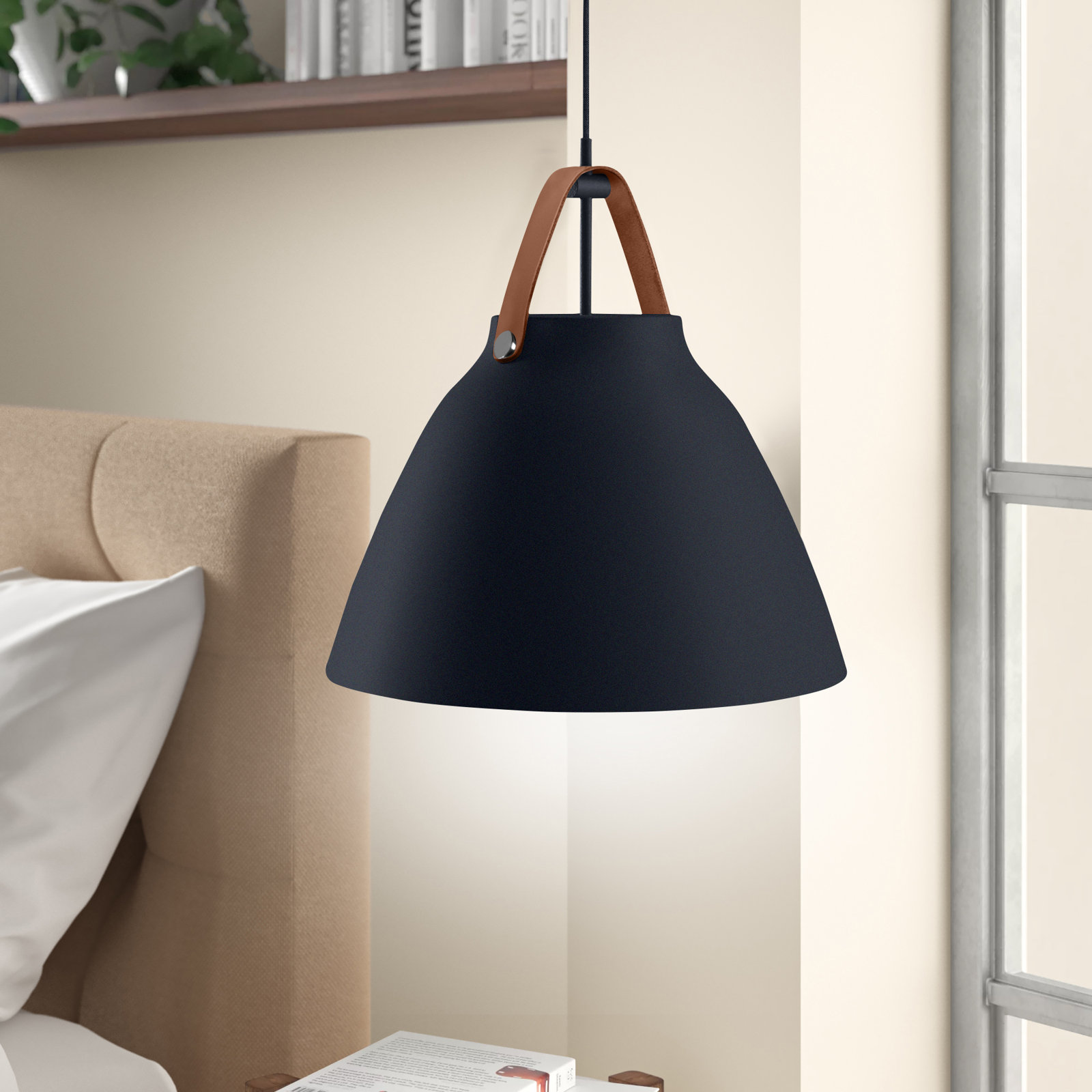 Gianni 1 - Light Single Dome Pendant, Tan Leather/Black, 17.75" H x 19" W x 19" D
