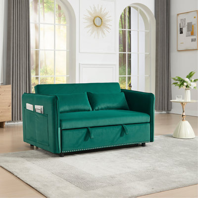 3 In 1 Convertible Sleeper Futon Sofa Bed, 55" Velvet Small Loveseat Lounge Couches With 2 Pillows, Reclining Backrest, Side Pockets For Living Room, Pull-Out Couch