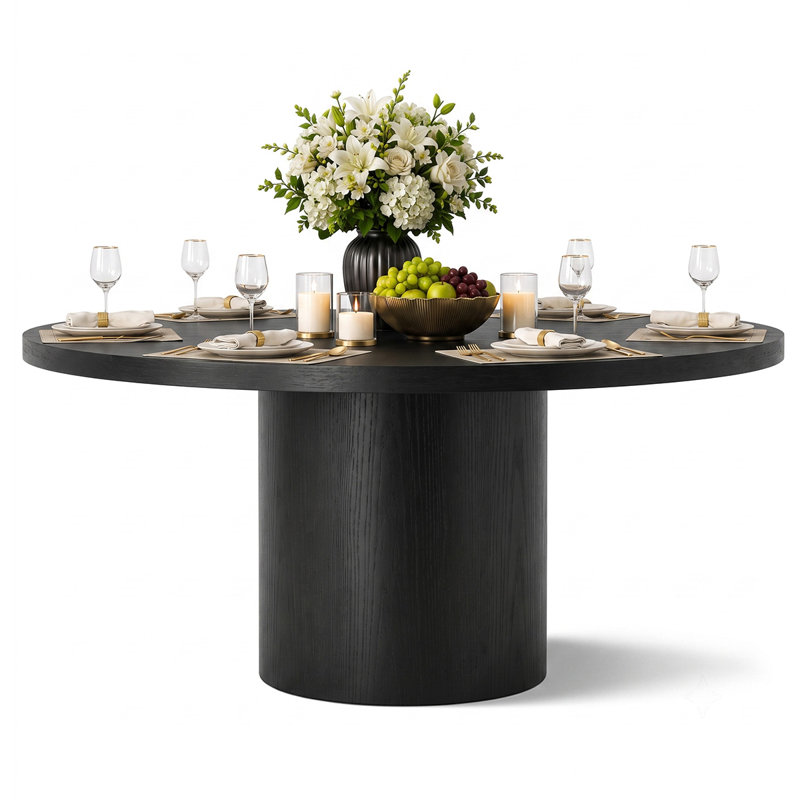 60" Solid Round Pedestal Kitchen Dining Table, Black