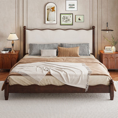 Wood Platform Bed with Upholstered Headboard