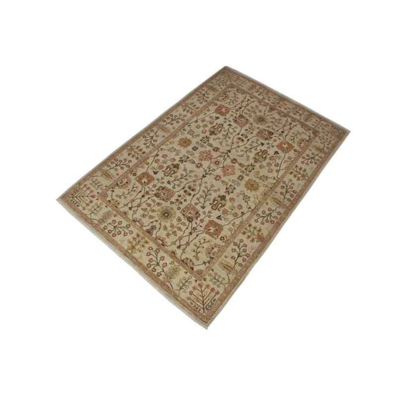 Tapis oriental rectangulaire noué à la main en laine beige / vert / rouge 6 pi 1 po x 9 pi 2 po Baccio