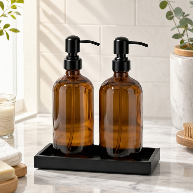 Amber Glass Soap Dispenser Set – 2 Pack 16 oz Refillable Pump Bottles with Tray for Bathroom & Kitchen – Liquid Soap, Lotion, Shampoo, Dish Soap Dispenser – Brown