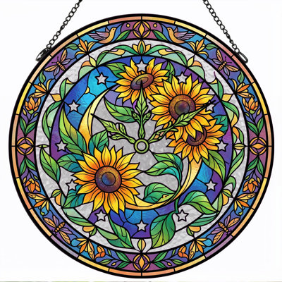 Sunflower Moon Stained Glass Window Panel，12"H