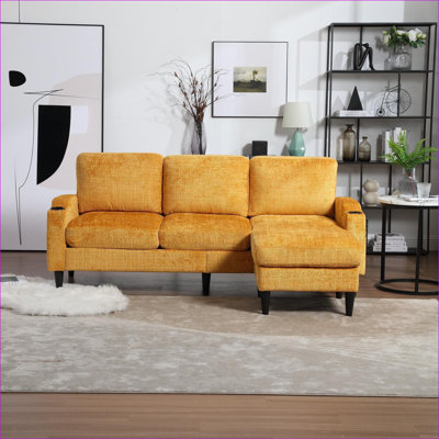 Canapé modulaire 3 places moderne, pour salon et appartement, avec repose-pieds de rangement, porte-gobelets, structure en contreplaqué | Chenille | Standard