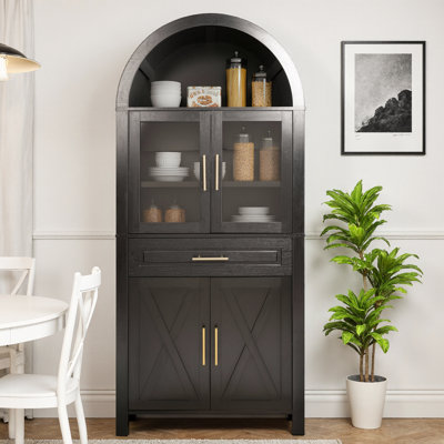 Armoire garde-manger 71 po avec porte de grange arquée en verre, grande armoire de rangement avec tablettes réglables pour la cuisine et la salle à manger 71 po