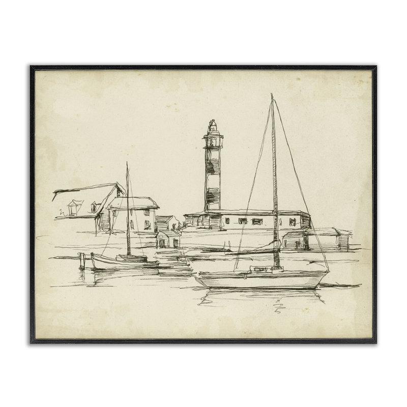 Étude de phare antique, estampe numérique, conception par Ethan Harper, H 16 po x l 20 po, Giclée encadrée noir minuit