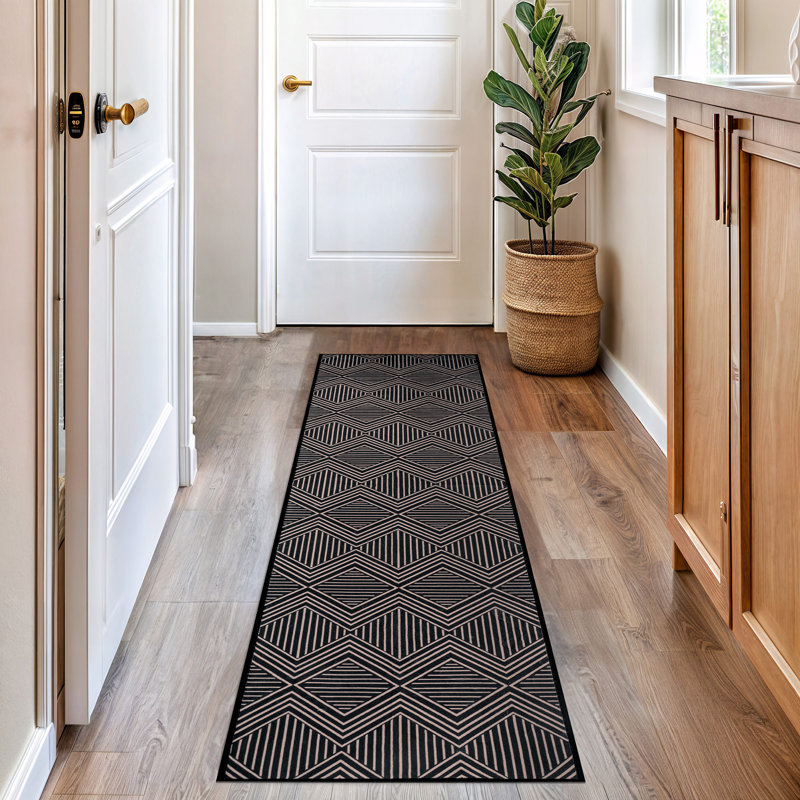 Tapis de sol à chevrons noirs et diamants, lavable à la machine, en polyester avec envers antidérapant, 2 pi x 8 pi