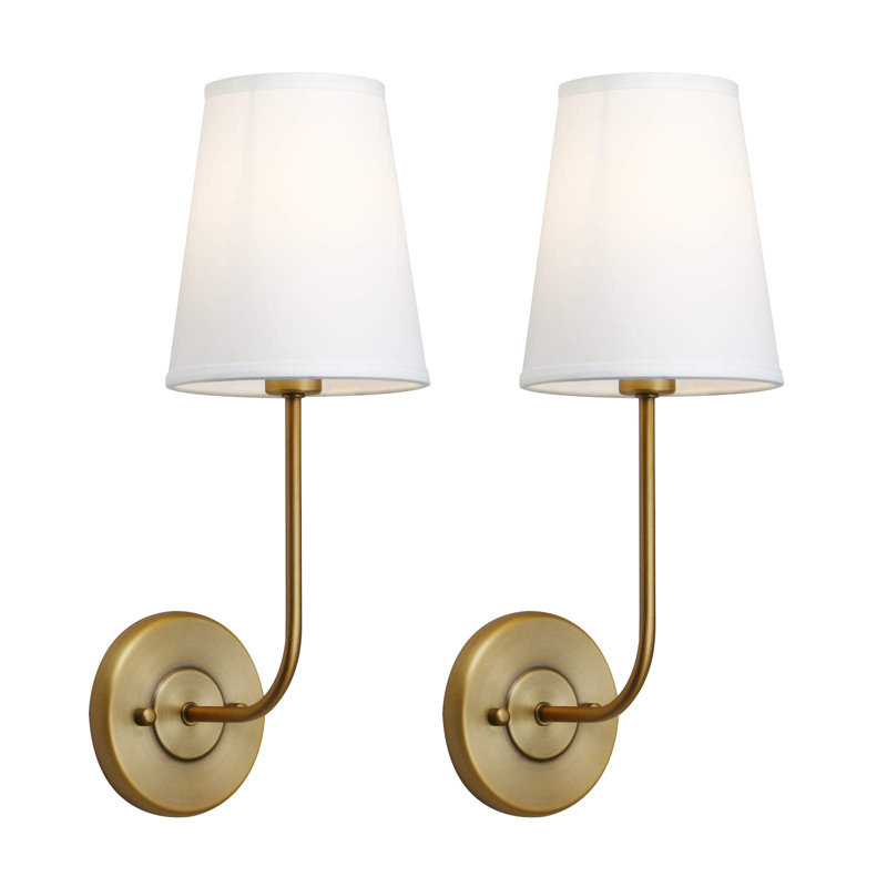 Set of 2 Antique Brass Wall Sconces with White Fabric Shades
