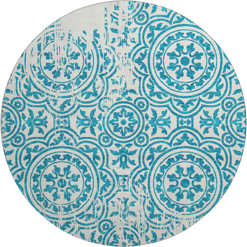 Premium Machine Washable Prisco Teal Rug, Round 8'