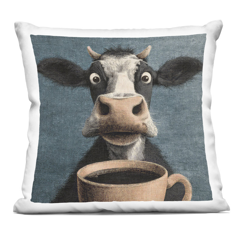 Grumpy Cow & Coffee Decorative Printed Throw Pillow, design by The Wands Want