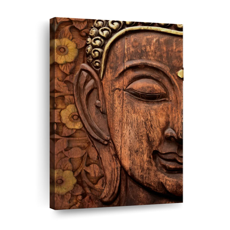 Tête de Bouddha sculptée, reproduction sur toile, H 39 po x l 26 po x P 1,25 po