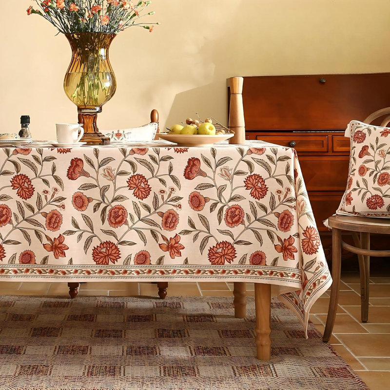 Orange Floral Linen Rectangle Tablecloth 55"X71", Wrinkle Resistant For Thanksgiving Dining