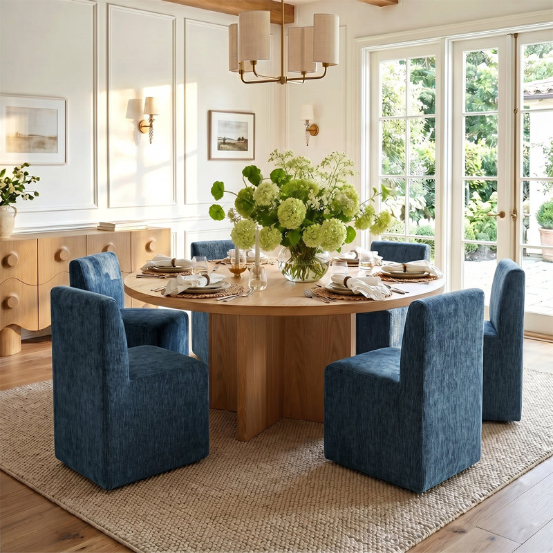 Ensemble de table de salle à manger 7 pièces avec chaises rembourrées entièrement assemblées sur roulettes, Bleu