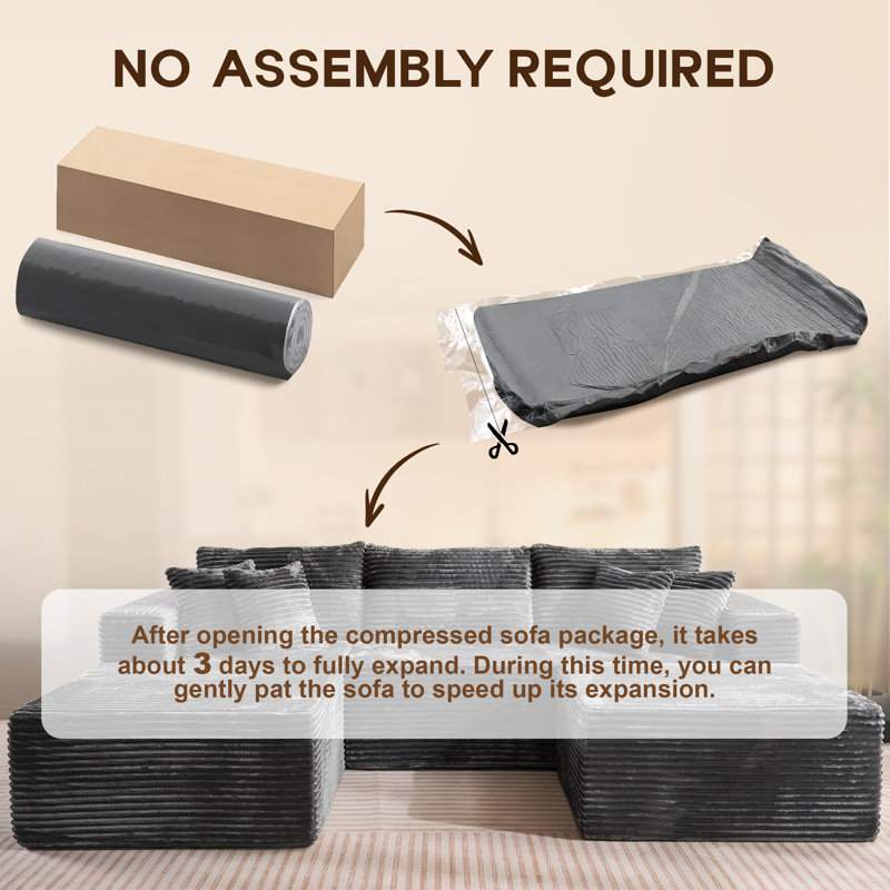 Navarrie 2 - Piece Upholstery Boneless Compression Sofa, No Assembly Required Sectional, Gray Plus Corduroy