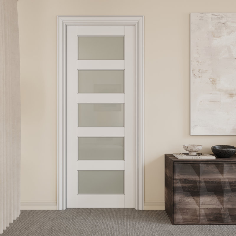 Interior Sliding Pocket Doors 5 Lite Tempered Frosted Glass Sliding Door With Hardware & Soft Close, 32" W x 80" H