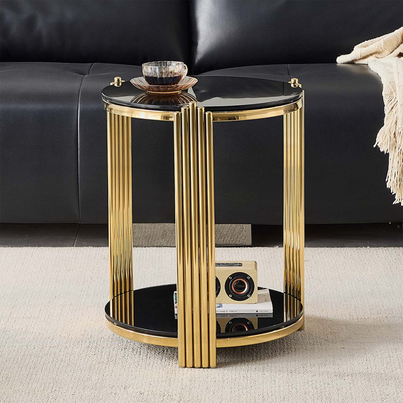 Table de bout moderne 16,9 pouces, table de salon en verre trempé noir à double couche et cadre en acier inoxydable doré, table ronde, assemblage facile.
