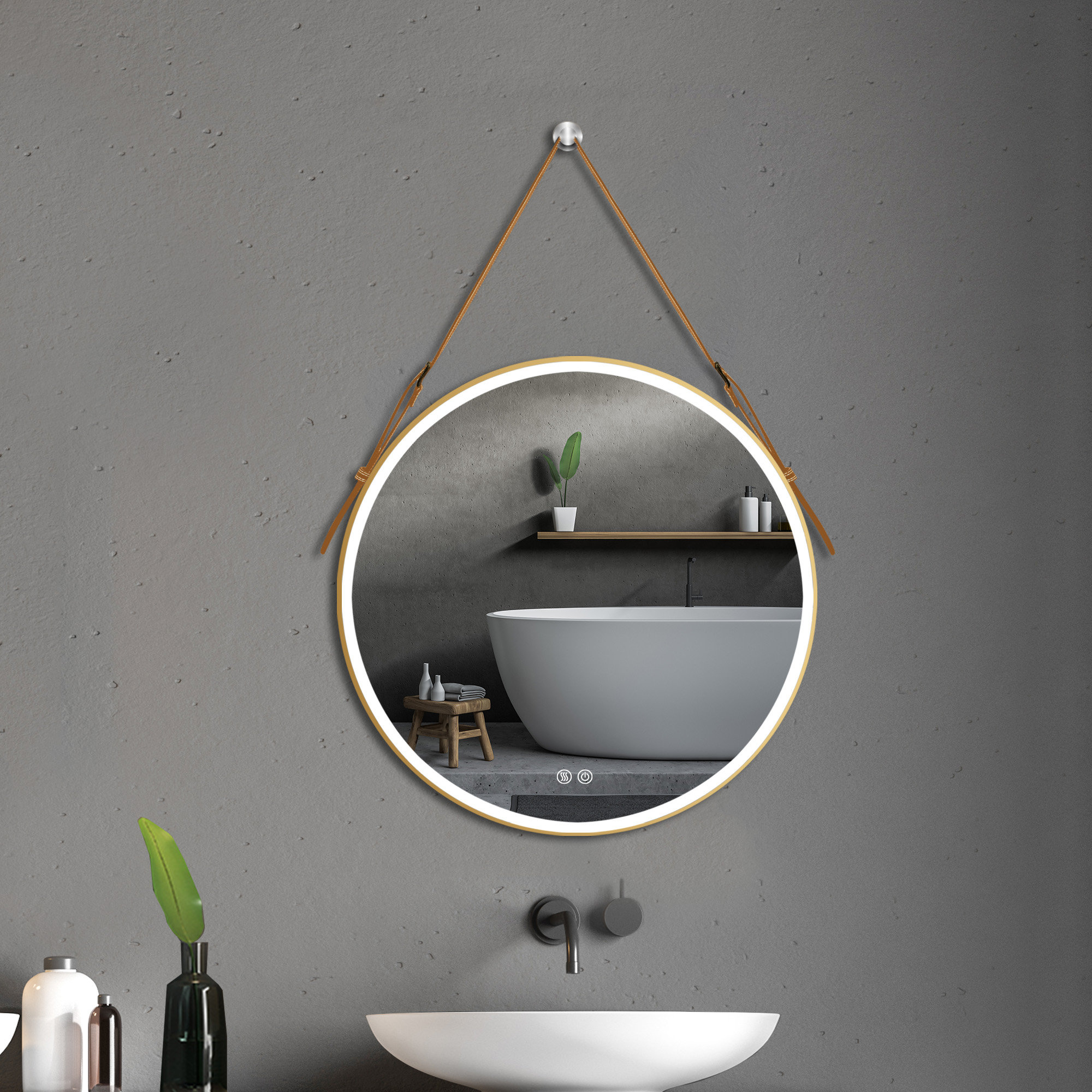 Latitude Run® Williman Gold Round LED Bathroom Mirror with Strap Anti ...