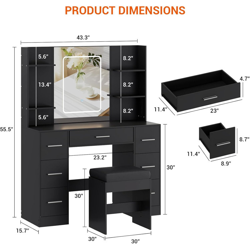 Vanity Desk  Vanity Table With 7 Drawers And 6 Storage Shelves, With Mirror  Stool Dressing Table White, Black