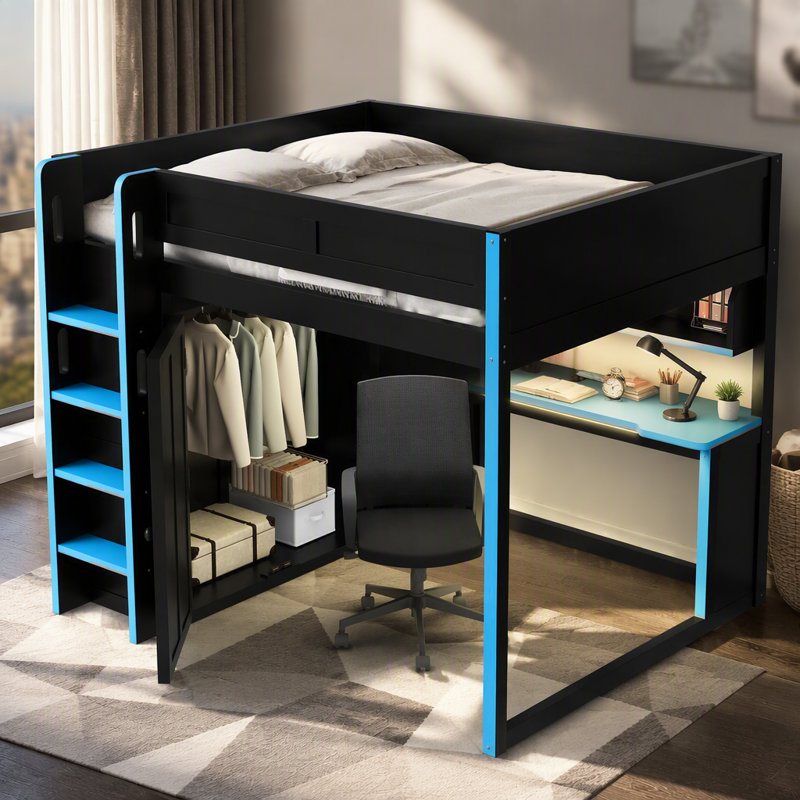 Lit mezzanine double avec garde-robe intégrée, USB, bureau, tablettes de rangement et lumières DEL sous le bureau, noir et bleu