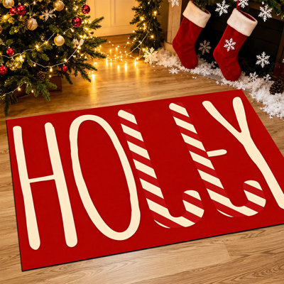 Tapis de porte de Noël antidérapant pour intérieur et extérieur, 61 x 91 cm, motif pain d'épices et houx brun