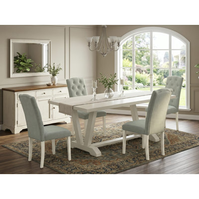 L'ensemble de table de salle à manger 5 pièces comprend une table et 4 chaises de salle à manger Parson en tissu bleu lin avec dossier capitonné - Lin brossé blanc.