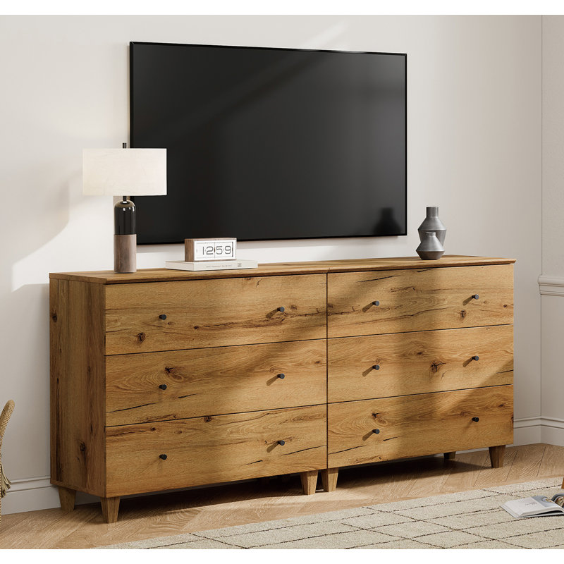 2-In-1 TV Stand With 6 Drawers For 75+ Inches Tvs, Oak