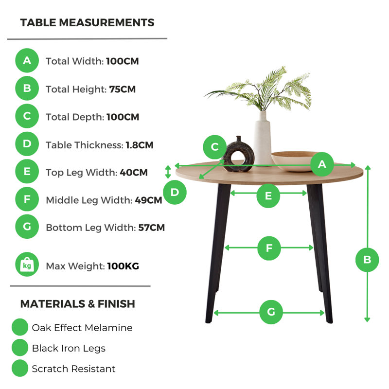 Bulkley Round Dining Table Scratch Resistant Melamine Surface - Modern Scandi Style, Oak
