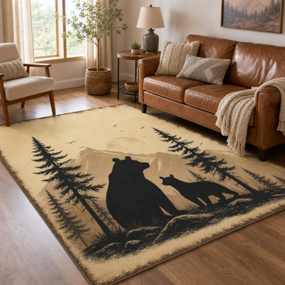 1 pièce de conception de silhouette d'ours et de louveteaux - impression de paysage de forêt, ambiance rétro, facile à nettoyer, grand tapis, envers antidérapant, pour le salon, la chambre à coucher, la cuisine, le bureau à l'intérieur pour la maison