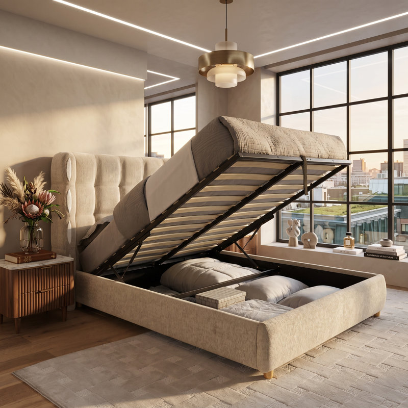 Lit plateforme tapissier avec rangement Hampton, Grand lit, Kaki