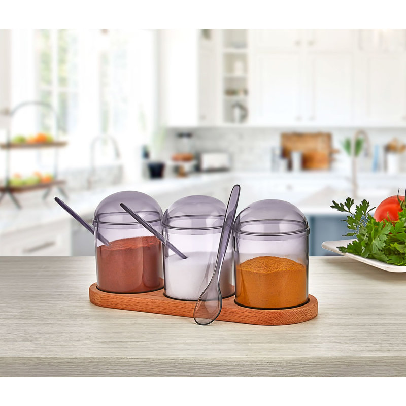 Elegant Spice Jar & Kitchen Shelf Set (3 Pieces), BPA-Free Plastic Jars (9.8 x 9.8 x 4.7 inches, 9.3 fl oz) with Wooden Stand (9.4 x 3.1 x 4.7 inches) | Dishwasher Safe, Perfect for Organized Cooking Spaces, Beautiful Purple Accent
