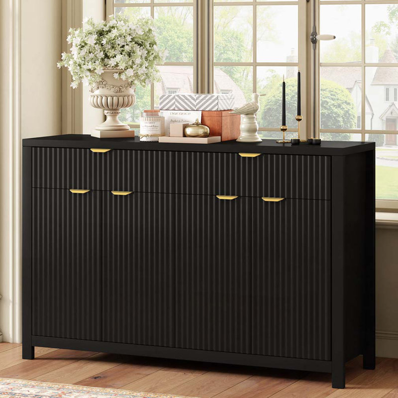 Storage 4-Door Buffet Cabinet with 3 Adjustable Shelves, 2 Drawers, Black