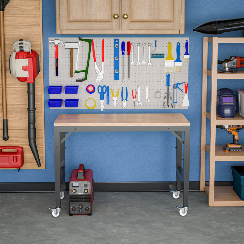 48'' W Solid Wood Top Height-Adjustable Workbench with Wheels