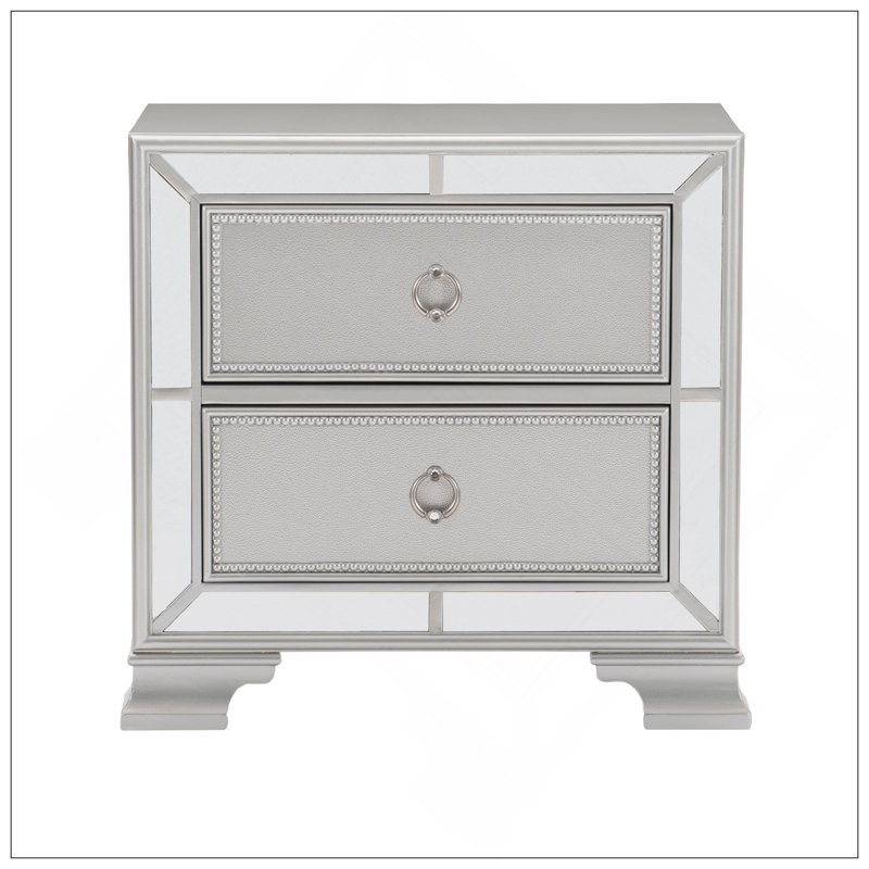Table de chevet moderne et traditionnelle avec 2 tiroirs en relief et finition argentée, table de chevet durable et élégante