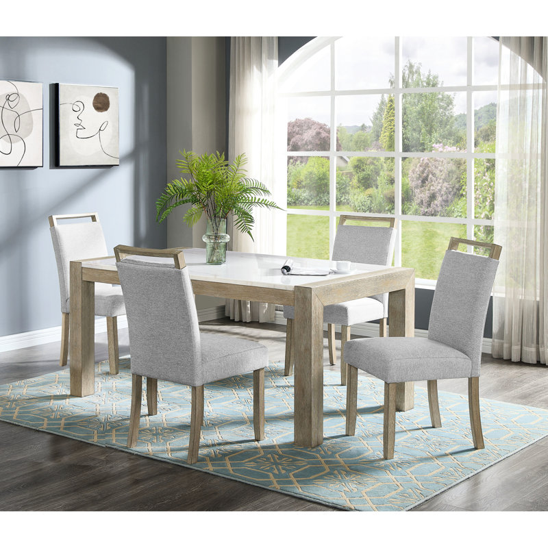Brown Veneered Dining Table - Rectangular White Marble Accent For 6 Contemporary Wood Base