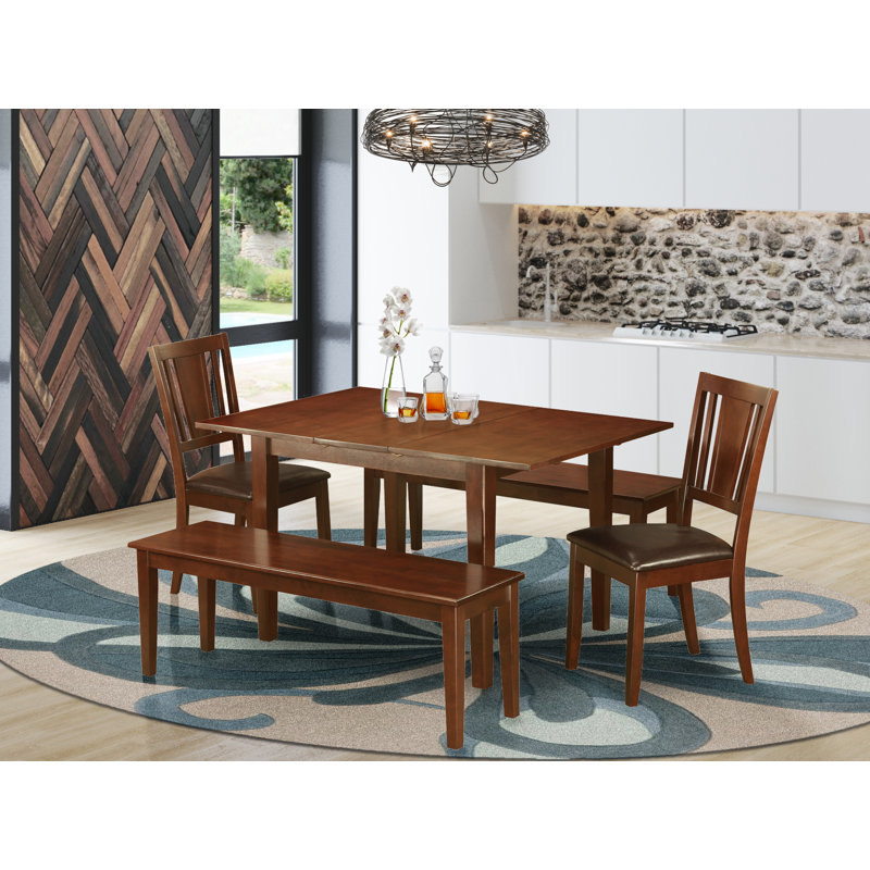 Ensemble de salle à manger 5 pièces comprenant une table de cuisine rectangulaire avec rallonge papillon et 2 chaises de salle à manger en similicuir avec 2 bancs, 91 x 137 cm, acajou