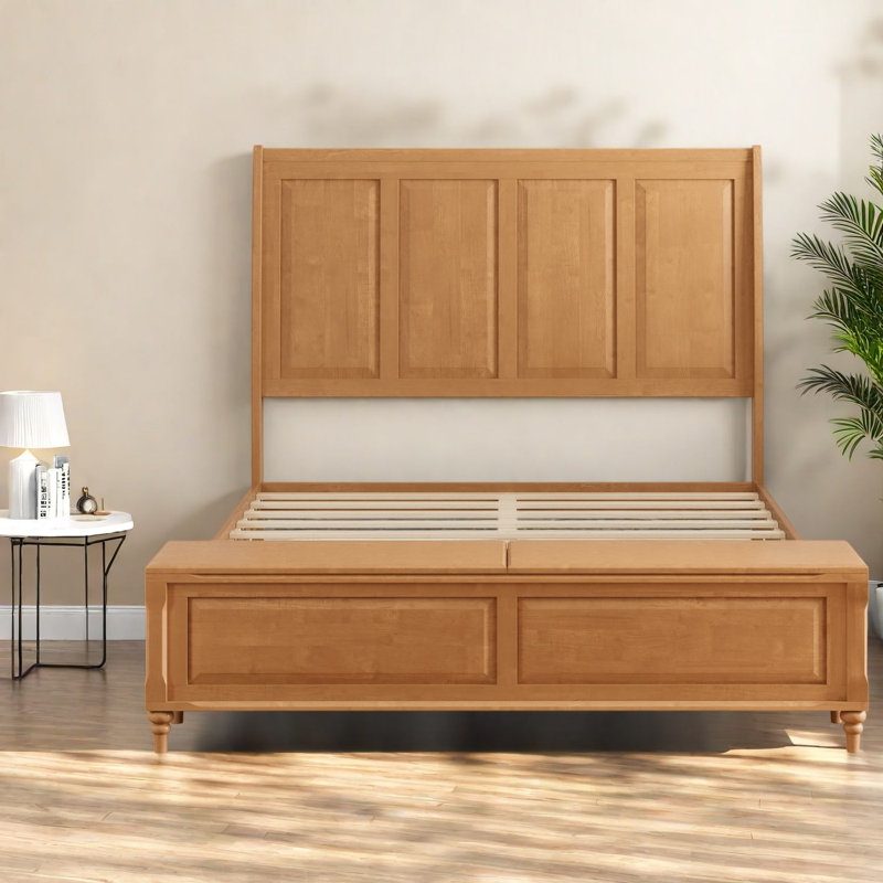 Lit avec banquette de rangement, lit traîneau Queen en bois massif, style ferme