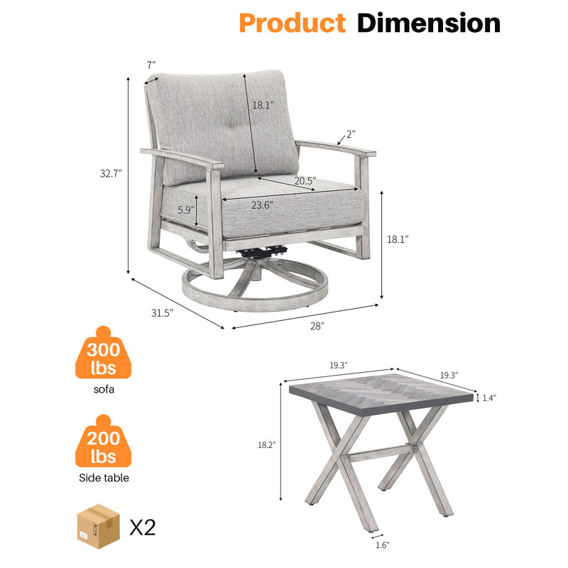 Ensemble de chaises pivotantes d'extérieur et de table d'appoint en résine 3 pièces Seehill