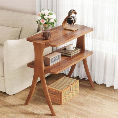 Table de bout étroite à 2 niveaux Farmhouse - Finition noyer, pieds en bois massif, conception à chevrons