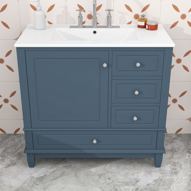 Meuble-lavabo simple autoportant moderne avec lavabo en céramique et tiroirs de rangement, Bleu gris