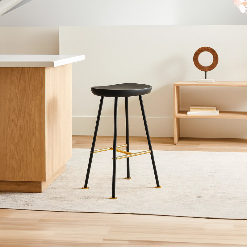 Tabouret de comptoir sans dossier 24 po avec siège en bois de manguier Aronson | Pieds en fer noir | Repose-pieds doré