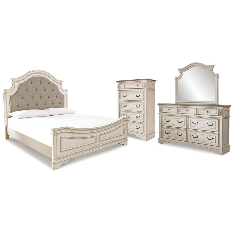 Très grand lit tapissier Realyn, commode, miroir et commode
