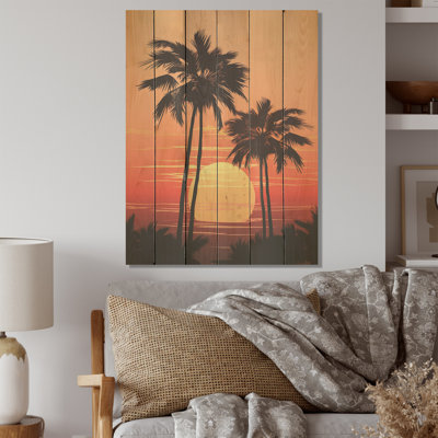 «Tangerine Twilight Palm Tree Sunset I» - palmiers et palmiers, art sur bois de pin naturel