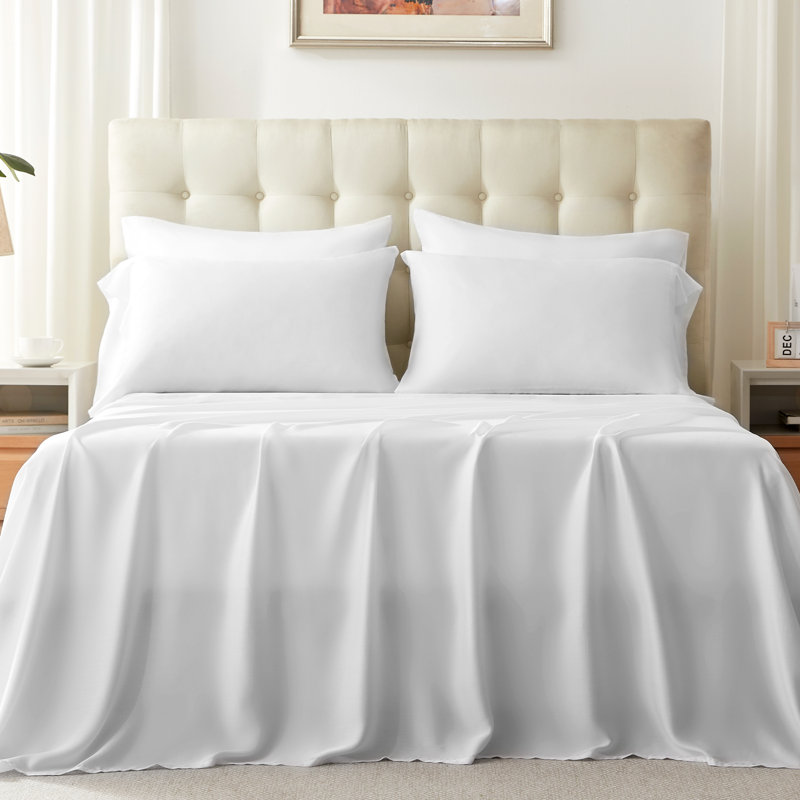 Ensemble de draps en lin Tencel Lyocell 100% LENZING Luxe, poche profonde de 15 po et refroidissement pour les dormeurs chauds, literie blanche luxueuse soyeuse et respirante, 4 draps