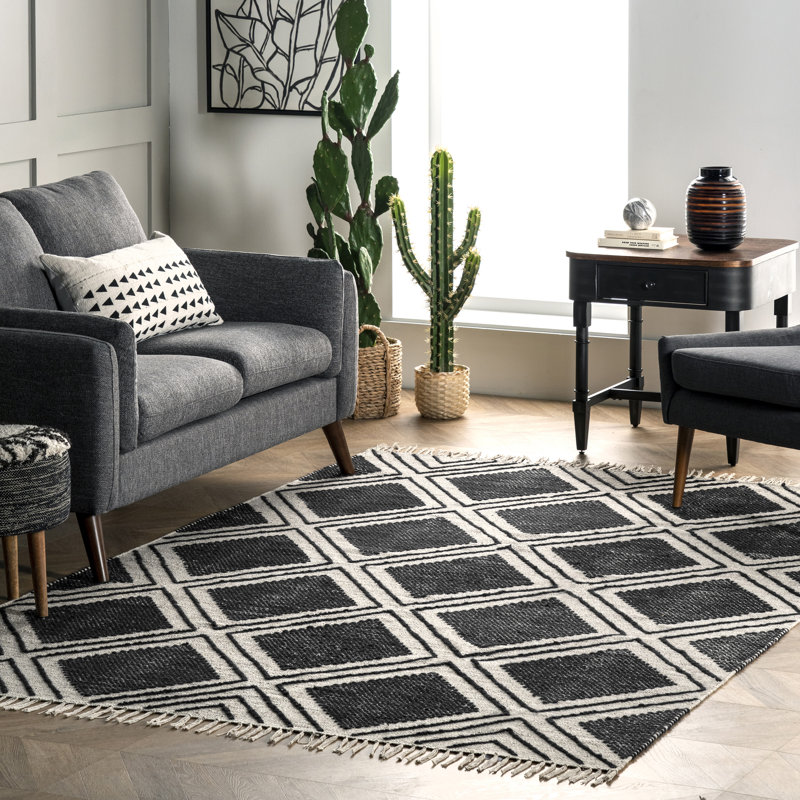 Tapis noir / ivoire en laine / coton tissé à plat à la main à motif géométrique, Rectangle 5 pi x 8 pi