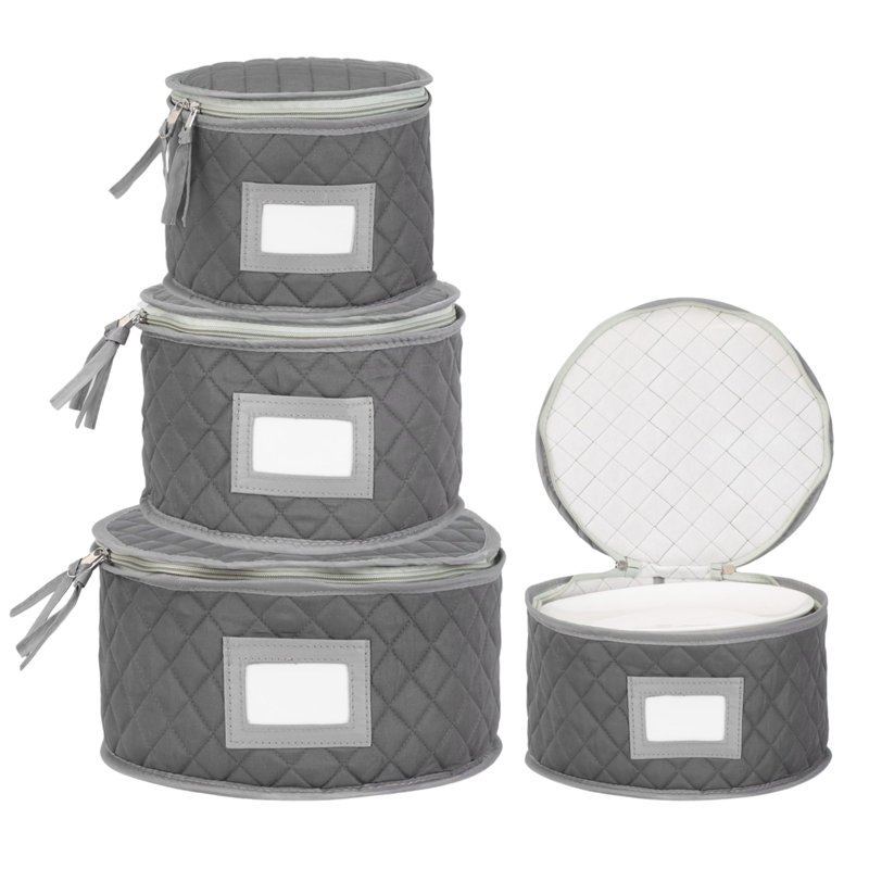 Fine China Storage - Set Of 4 Quilted Cases For Dinnerware Storage. Sizes: 12" - 10" - 8" And 7" Wide - Grey - 48 Felt Plate Separators Included