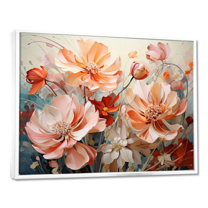 Coral Petal Symphony I - Abstract Botanicals, art mural, H 24 po x l 32 po x P 1 po, Cadre flottant blanc