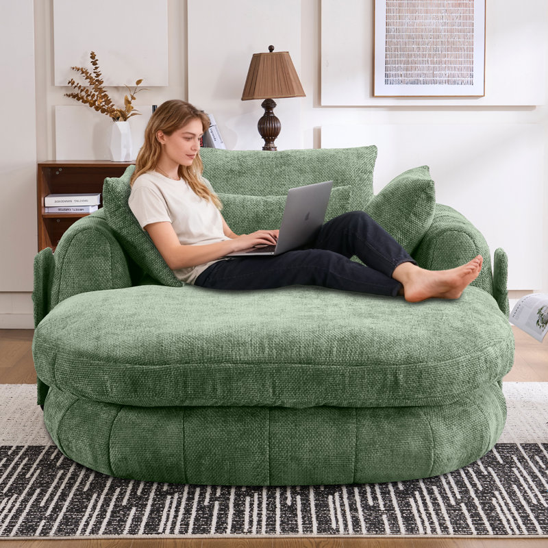72.6" Green Chenille Oversized Chaise Sofa Bed, No Assembly, Deep Seat & Side Pocket, Green