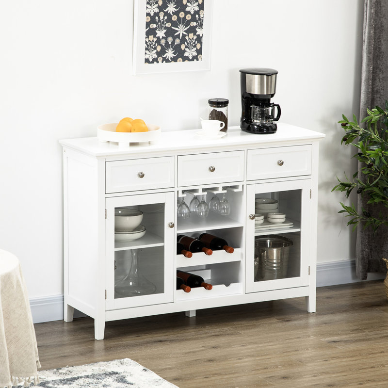 Armoire à café, blanc - 3 tiroirs, 6 porte-bouteilles, verres à pied, armoire élégante avec buffet et porte en verre pour le rangement