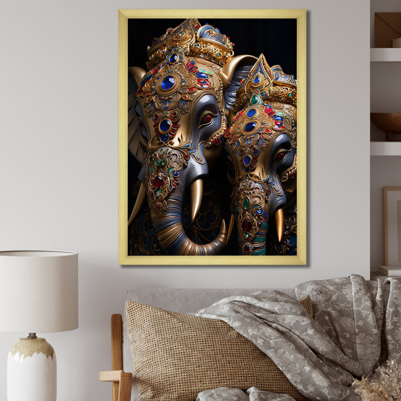 Art asiatique, éléphants thaïlandais III - impression, Encadrement doré, H 40 po x l 30 po x P 1,5 po
